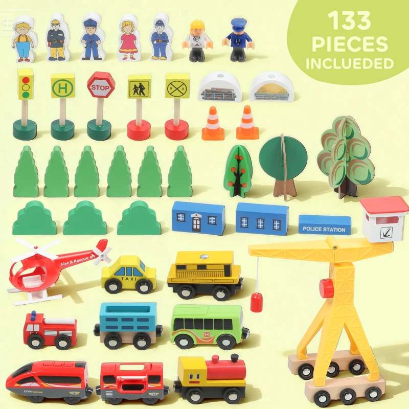 Qaba 133 Pcs Wooden Train Set with Track, Battery Towered Train, Crane, Bridge & Accessories, for Kids 3+ Years Old