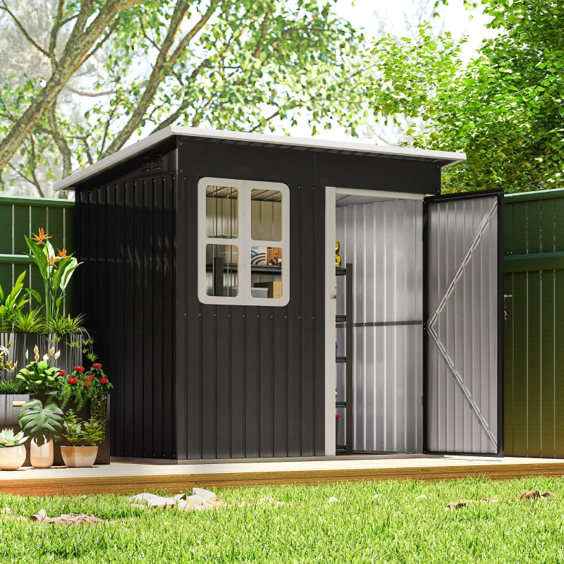 Outsunny 7' x 4' Galvanised Steel Outdoor Storage Shed, Garden Shed with Window, Lockable Wide Door and Air Vents, Dark Grey