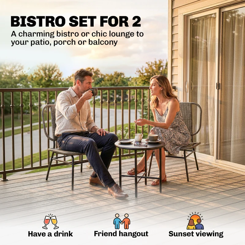 Outsunny 3 Piece Wicker Patio Furniture Set, Outdoor Bistro Set with Steel Table, Rattan Outdoor Conversation Furniture, Grey
