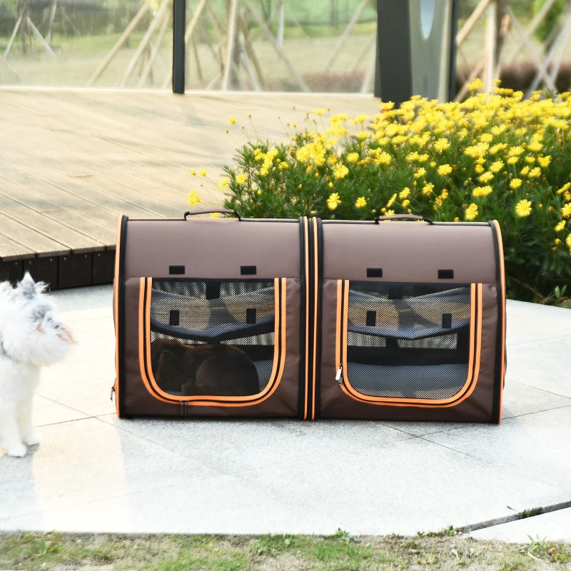 PawHut 39" Portable Soft-Sided Cat Carrier, Cat Kennel, Travel Dog Crate with Divider, Two Compartments, Soft Cushions & Storage Bag, Easy to Fold, Brown