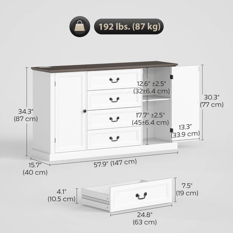 HOMCOM Farmhouse Sideboard with Charging Station, 58" Buffet Cabinet, Kitchen Storage Cabinet with 4 Drawers, 2 Doors, White