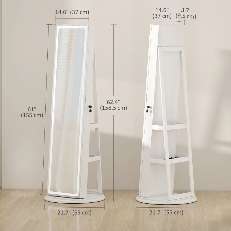 HOMCOM Jewelry Cabinet with Full Length Lockable Mirror, Standing Jewelry Armoire Organizer with LEDs, White