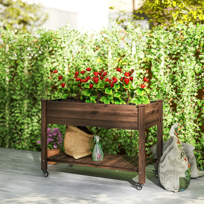 Outsunny Mobile Raised Garden Bed Elevated Wood Planter Box with Lockable Wheels, Storage Shelf for Herbs Vegetables, Carbonized