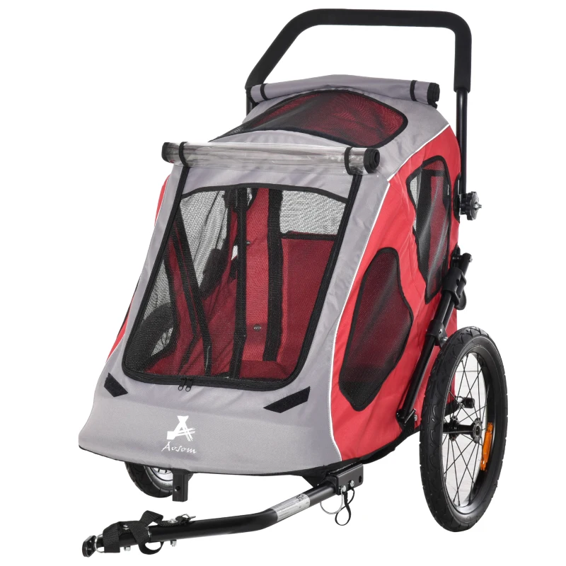 Aosom Dog Bike Trailer 2-In-1 Pet Stroller Cart Bicycle Wagon Cargo Carrier Attachment for Travel with 360 Swivel Wheel Reflectors Parking Brake Straps Cup Holder Red
