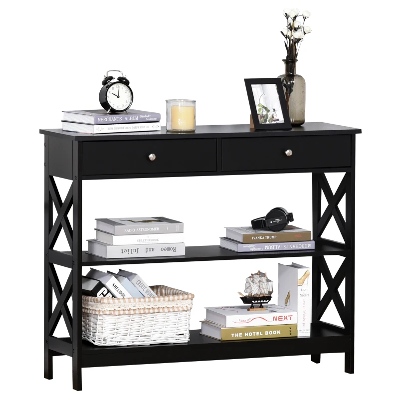 HOMCOM 39" Console Table, Narrow Entryway Table with Storage Shelves, Drawers and X Frame for Behind Couch, Living Room, Hallway, Black