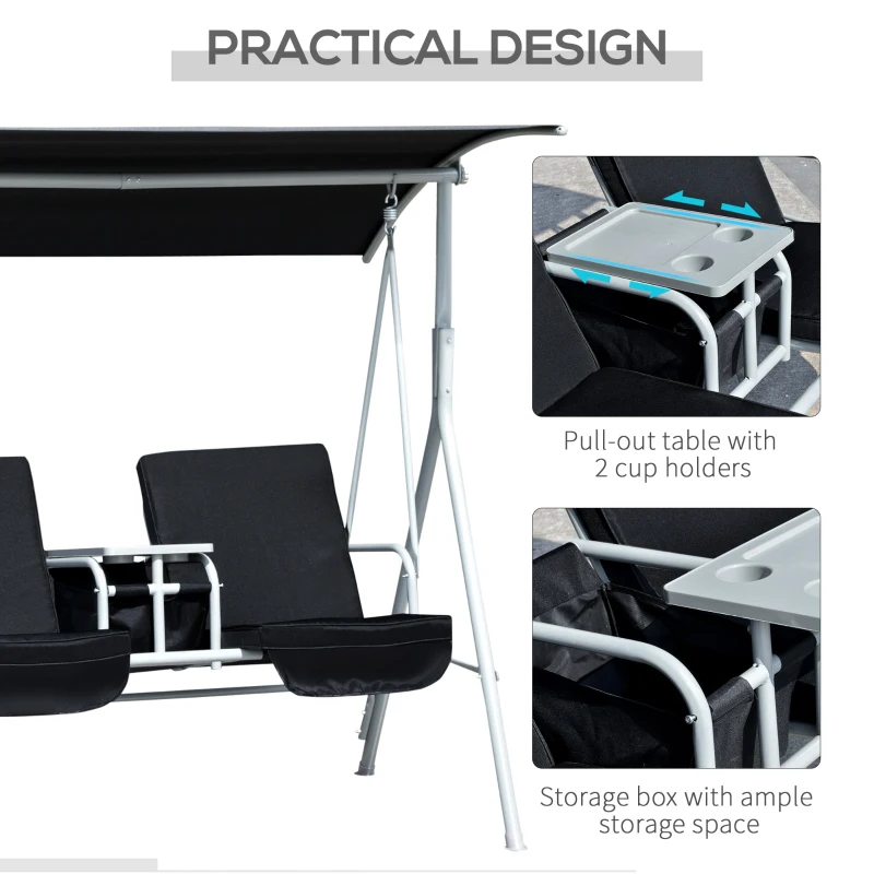 Outsunny Double Outdoor Swing Chair 2 Person Covered Swing Porch Swing w/ Pivot Table and Storage Console, Black