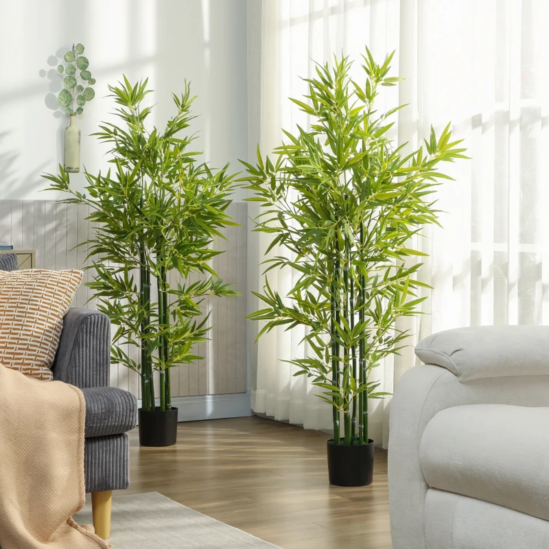 HOMCOM 5FT Artificial Bamboo Tree, Faux Decorative Plant in Nursery Pot for Indoor Decor, Set of 2