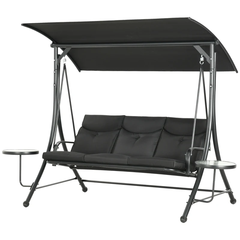 Outsunny 3 Seat Outdoor Swing Chair Steel Swing Bench Porch Swing With Adjustable Canopy & Coffee Tables & Cushion for Patio Garden, Black
