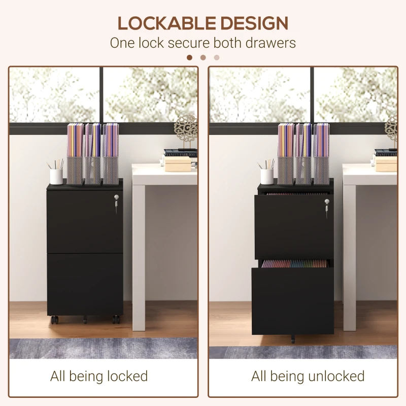 Vinsetto Vertical Steel Filing Cabinet on Wheels, 2-Drawer Lockable File Cabinet with Adjustable Hanging Bar for A4, Legal and Letter Size, Black