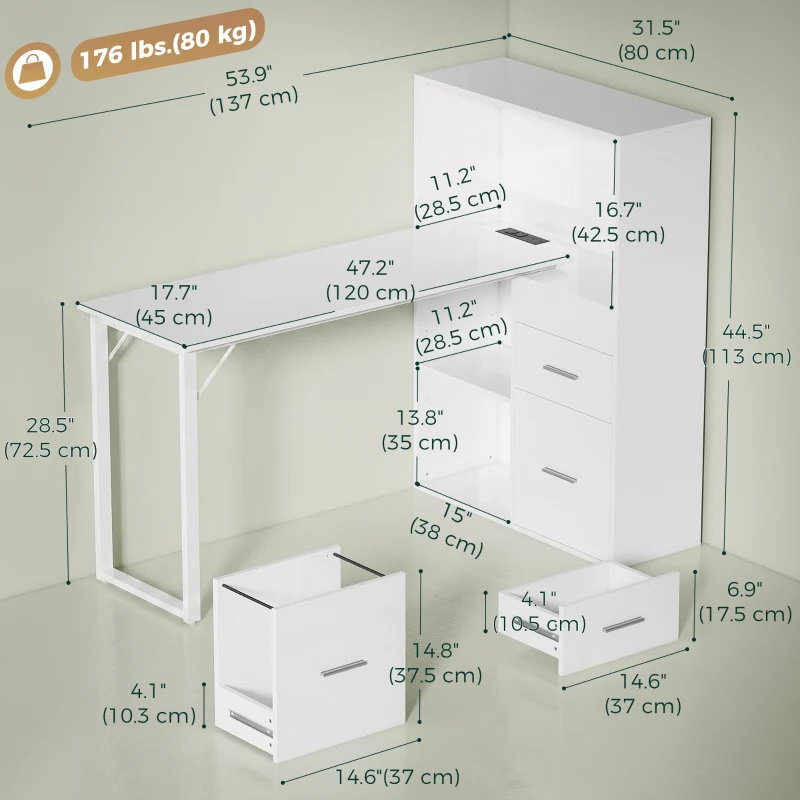 HOMCOM 54" Computer Desk with Drawers, Home Office Desk with Storage, Power Outlets and LED Lights, White