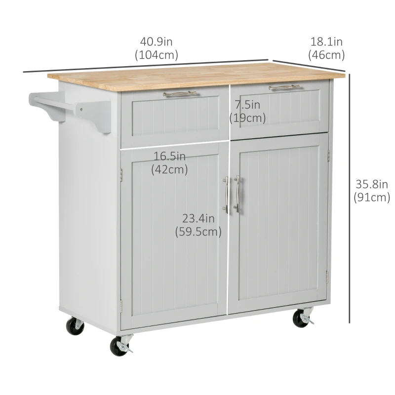 HOMCOM 41" Kitchen Island with Storage and Solid Wood Top, Rolling Kitchen Cart on Wheels with 2 Storage Drawers, 2 Doors and Towel Rack for Dining Room, Grey