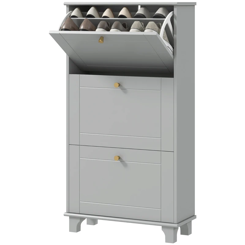 HOMCOM Narrow Shoe Storage with 3 Flip Drawers and Adjustable Shelves, Shoe Cabinet Organizer for 12 Pairs of Shoes, Grey