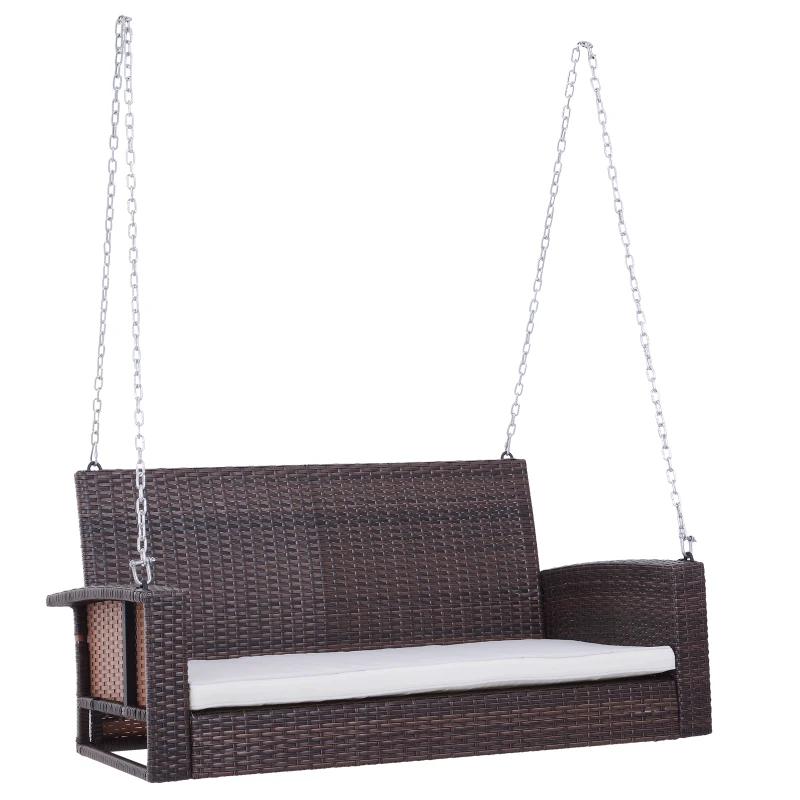 Outsunny 2-Person Patio Porch Swing Chair, Outdoor Rattan Hanging Bench with Cushion & 7.2 ft Steel Chains, Beige
