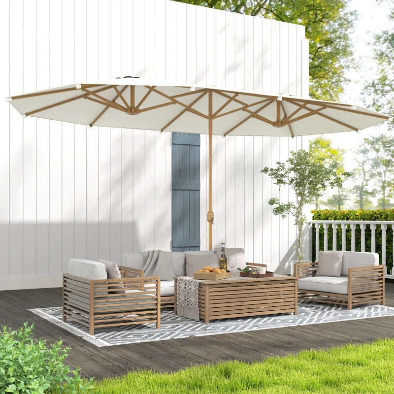 Outsunny 15 ft Double-Sided Patio Umbrella with Twin Canopy, UPF30+ Extra Large Rectangular Market Umbrella with Crank, Beige