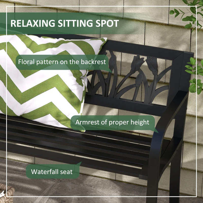 Outsunny 49" Metal Outdoor Bench Patio Bench with Curved Arms and Slatted Seat for Patio, Backyard, Lawn