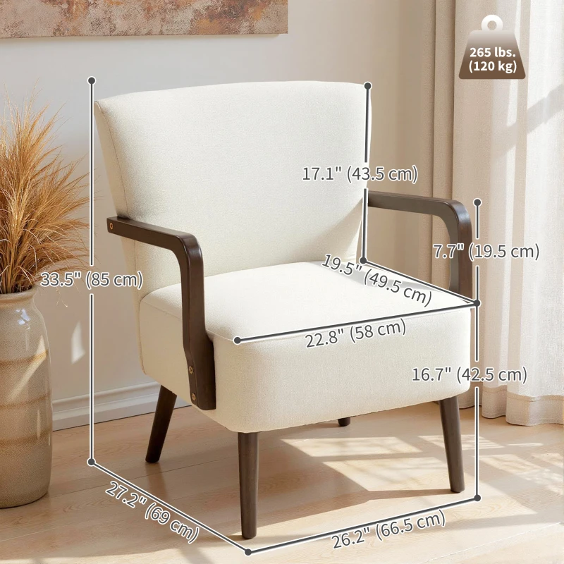 HOMCOM Accent Chair with Wooden Legs, Linen Fabric Armchair with Thick Padding, Comfy Chair for Living Room, Cream White