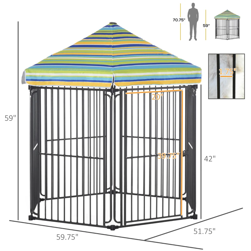 PawHut 60" x 52" Heavy-Duty Metal Dog Playpen, Outdoor Pet Cage Kennel, Puppy Exercise Fence Barrier with Weather-Resistant Polyester Roof, Locking Door and Solid Black Frame