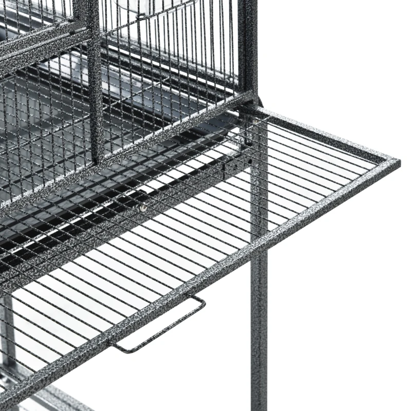 PawHut Large Rolling Metal Bird Cage Bird House with Detachable Rolling Stand, Storage Shelf, Wood Perch Food Container - Black