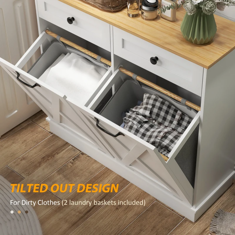 HOMCOM Tilt Out Laundry Cabinet, Bathroom Storage Cabinet with 2 Removable Baskets and 2 Drawers, White