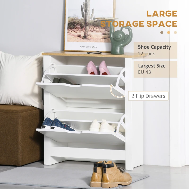 HOMCOM Shoe Storage Cabinet with 2 Flip Drawers and Adjustable Shelves for 8-12 Pairs of Shoes, White