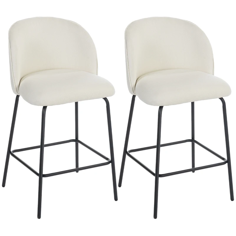 HOMCOM Set of 2 Counter Height Barstools, Upholstered Linen Bar Stools with Backrest, Footrest and Steel Legs, Cream White