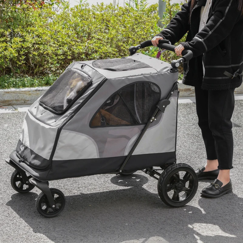 PawHut Pet Stroller Foldable Dog Cat Carriage with Adjustable Handlebar Rear Door EVA Wheel Brake Storage Bag Mesh Window Safety Leash Grey