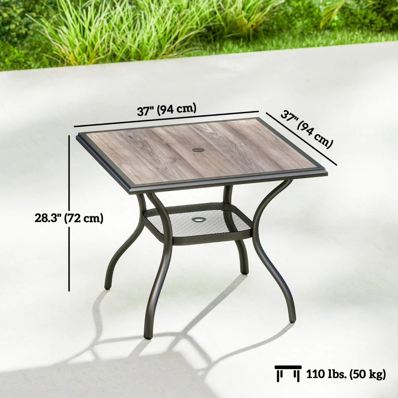 Outsunny Outdoor Dining Table for 4, Square Patio Table with Umbrella Hole, Shelf, Faux Wood Top for Garden, Backyard, Grey