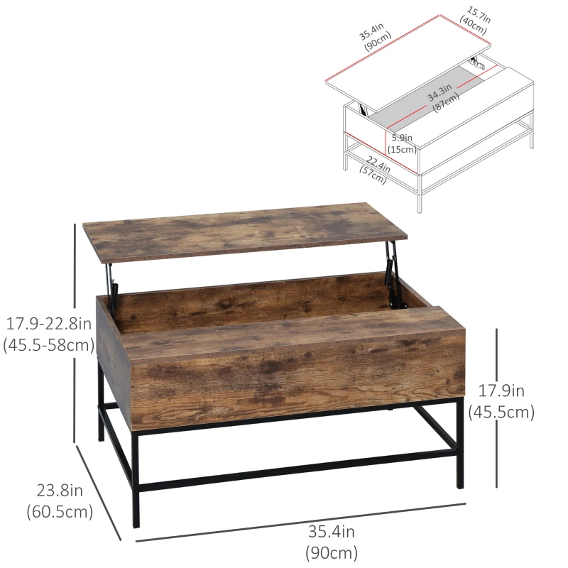 HOMCOM Lift Top Coffee Table with Hidden Storage Compartment Lift Tabletop Center Table for Living Room, Rustic Brown