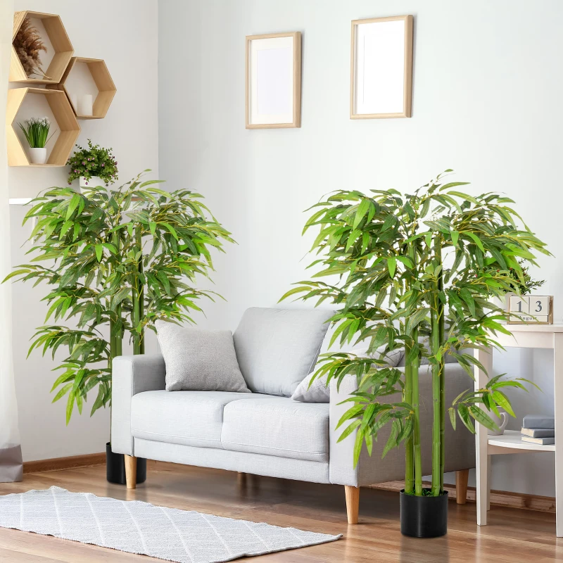 HOMCOM Set of 2 4.5FT Artificial Bamboo Tree Faux Decorative Plant in Nursery Pot for Indoor Outdoor Décor