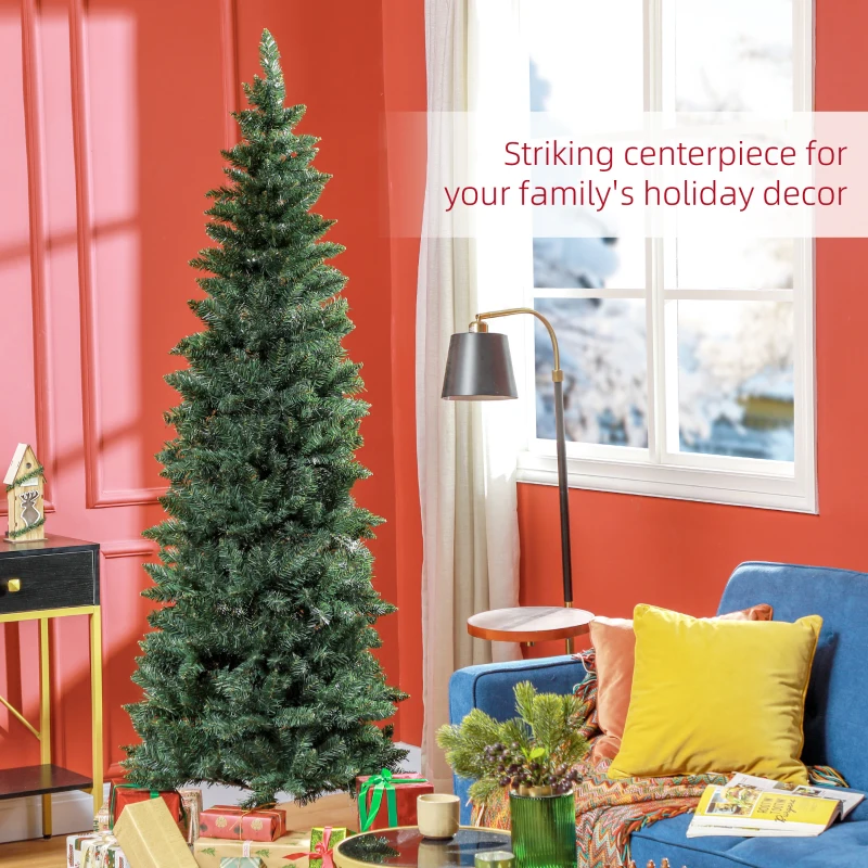 HOMCOM 7ft Tall Pencil Artificial Christmas Tree with 687 Branch Tips with Steel Base, Green