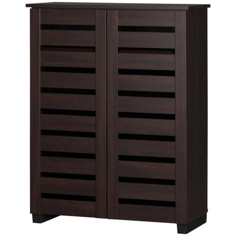 HOMCOM Narrow Shoe Cabinet with 2 Slatted Doors, Modern Shoe Storage Cabinet with Adjustable Shelves for Entryway, Hallway, Living Room, Holds 15 Pairs, Dark Brown