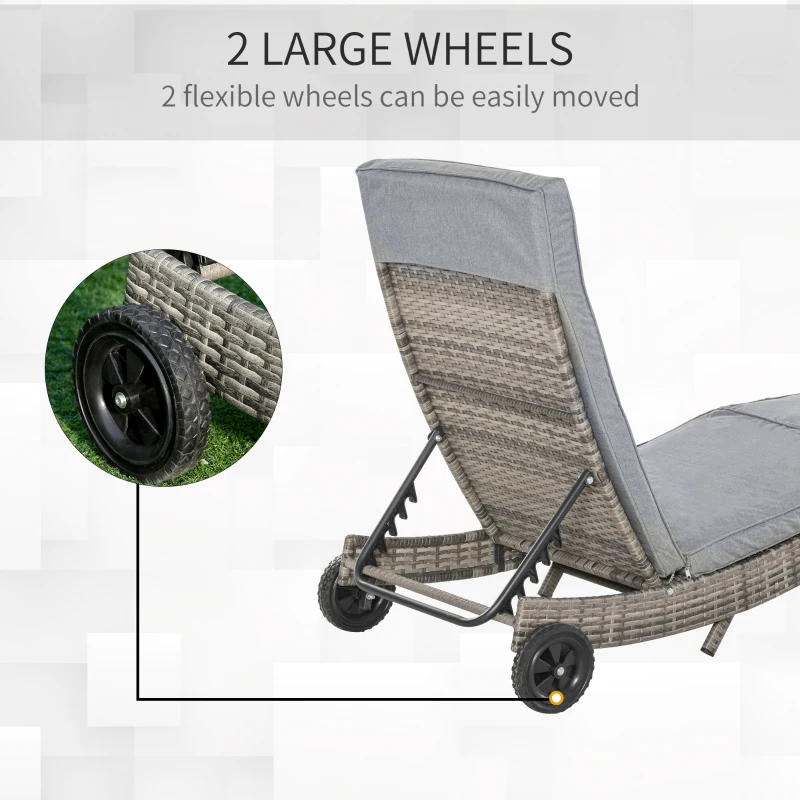 Outsunny Outdoor Adjustable Wicker Chaise Lounge Chair with Cushion & Wheels for Patio, Deck, Poolside, Grey