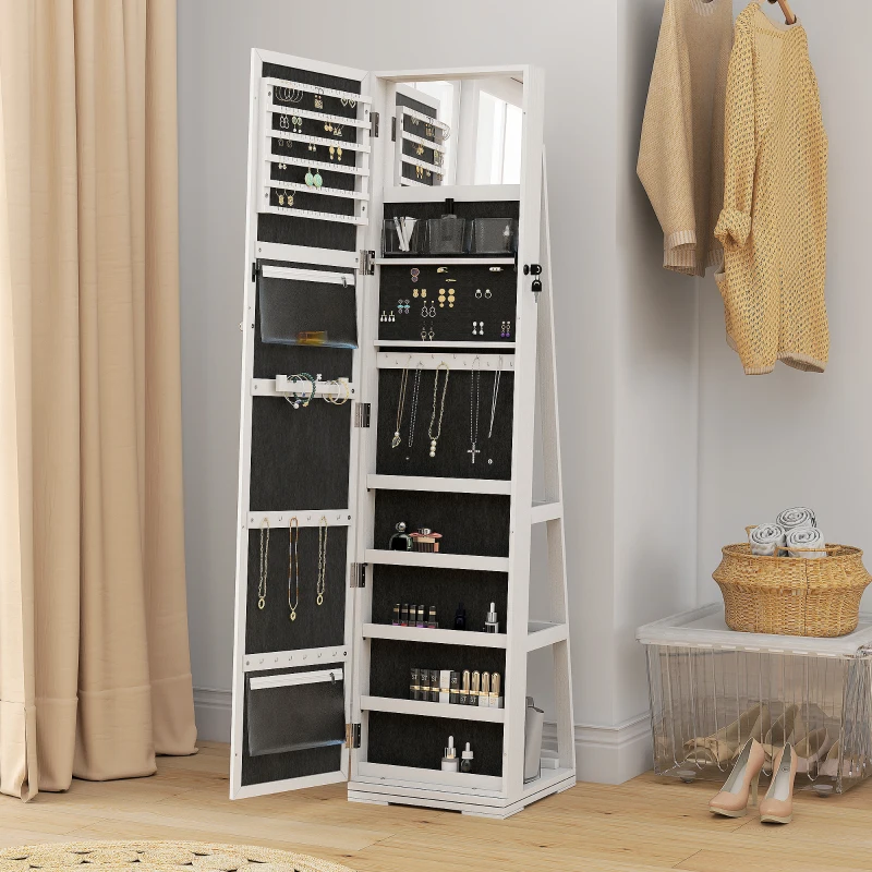 HOMCOM 360° Swivel Jewelry Armoire, Lockable Mirror Jewelry Cabinet with Built-In Small Mirror, White