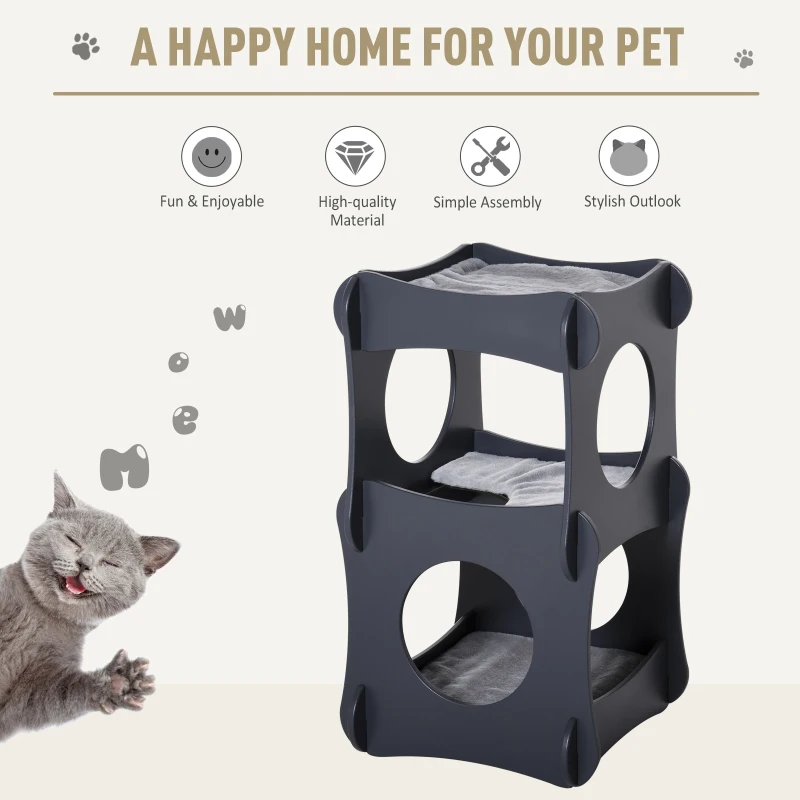 Pawhut Multi-level Wooden Cat House Kitten Bed Furniture with Removable Soft Cushion for Rest, Dark Grey