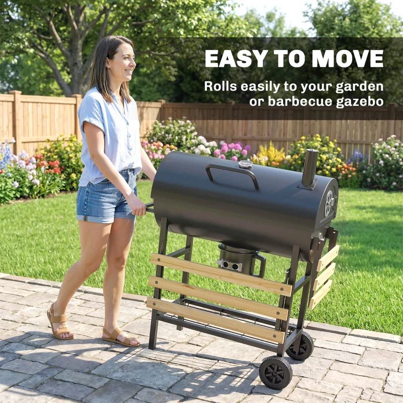 Outsunny Charcoal BBQ Grill with Foldable Shelves, Barbecue Grill with Warming Rack, Thermometer, Wheels, Natural Wood and Black