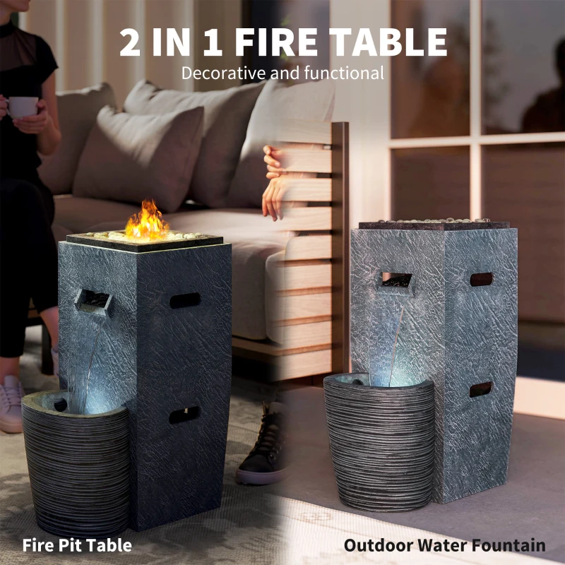 Outsunny 16.5" x 11" x 22.4" Propane Fire Pit Table with Fountain, 15000 BTU Outdoor Gas Fire Table with LED Light Adjustable Water Flow, Fire Fountain Water with Glass Rocks, Grey