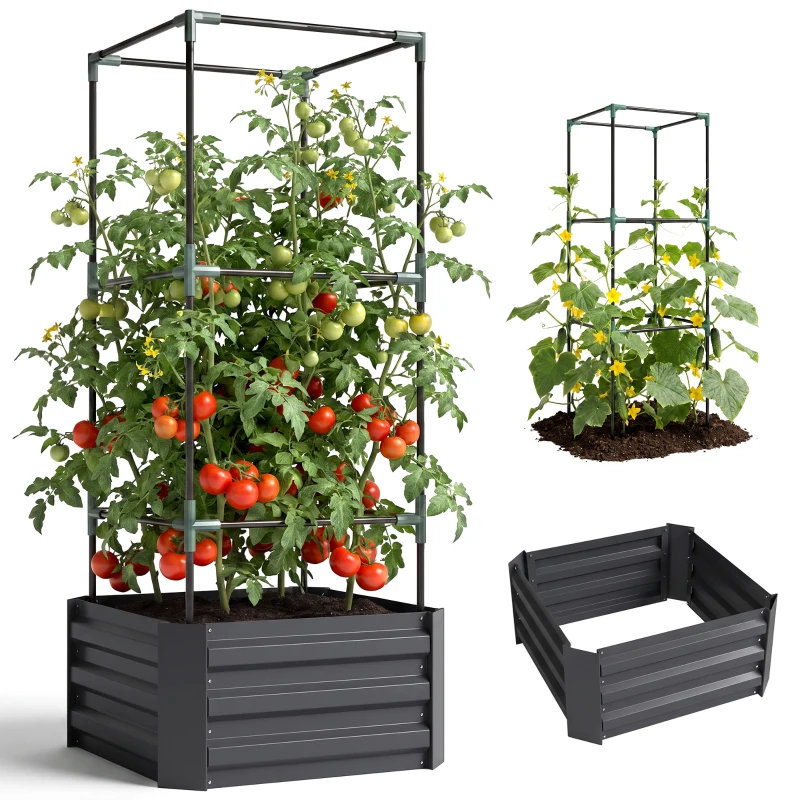 Outsunny Galvanized Planter Box, 24" x 24" x 55" Raised Garden Bed with Tomato Cage for Climbing Vines, Dark Gray
