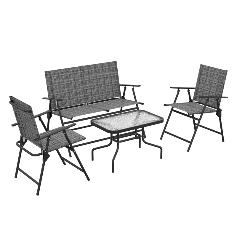 Outsunny Outdoor 4 Pieces Patio Furniture Set, Garden Set with Two Foldable Armchairs, a Loveseat & Glass Top Table, Mixed Grey