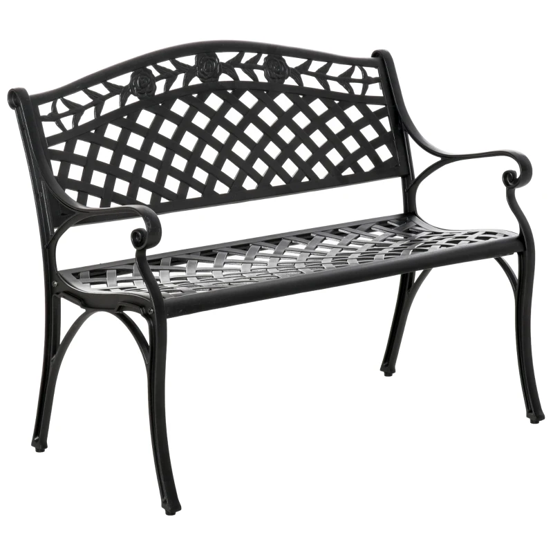 Outsunny Outdoor Garden Bench, 40" Patio Bench with Aluminum Frame and Armrests, 2-Person Patio Loveseat with Floral Pattern for Park, Porch, Yard, Lawn, 485 LBS Capacity