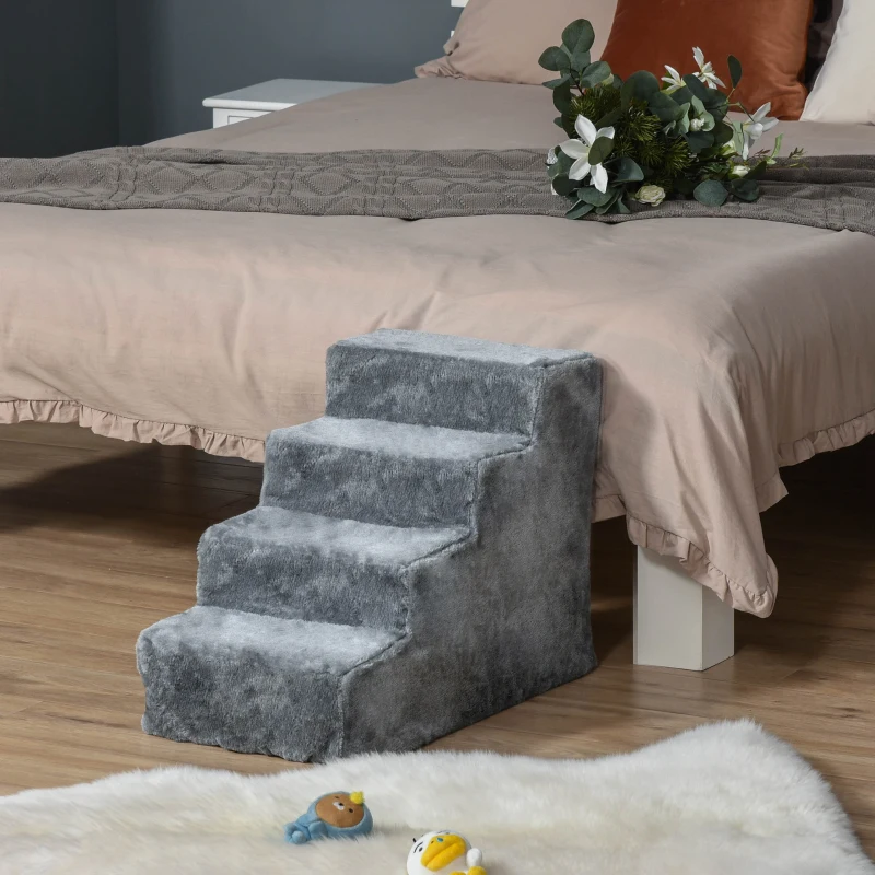 PawHut 4-Step Dog Ramp for Sofa, Bed, and Couch, with Removable Cover, Light Grey