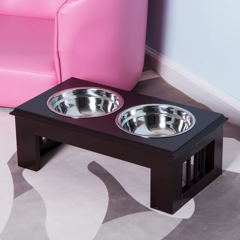 PawHut 6" Height Small Puppy Dog Feeding Station for Messy Pets, Stainless Steel Elevated Dog Bowls with Modern Wooden Frame, Dog Food Stand Pet Feeding Station, Dark Brown