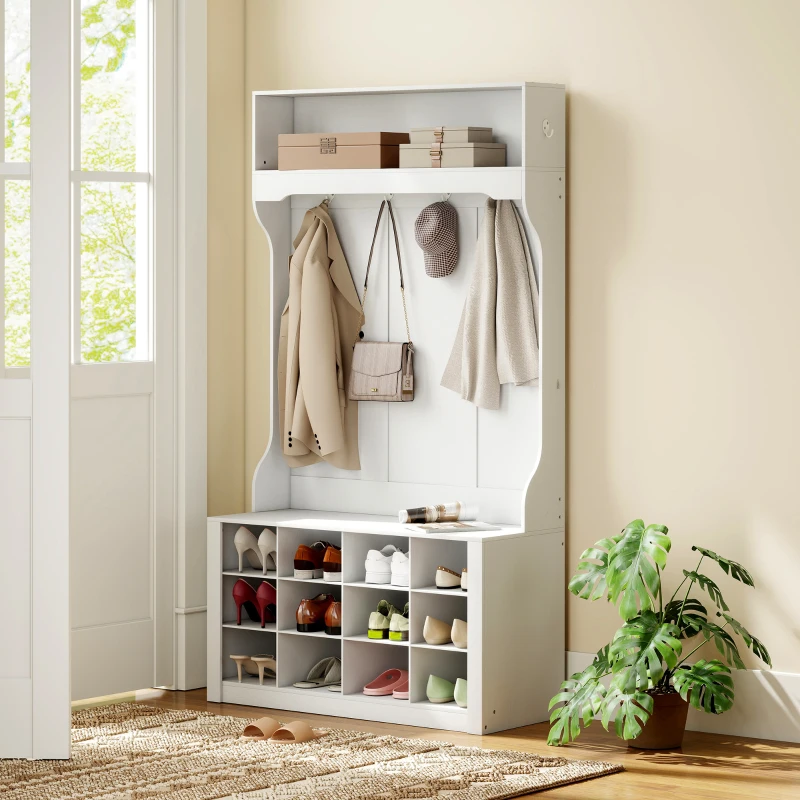 HOMCOM 4-In-1 Hall Tree with Bench and Shoe Storage, Farmhouse Coat Rack Shoe Bench with 12 Shoe Cubbies, 6 Hooks, White