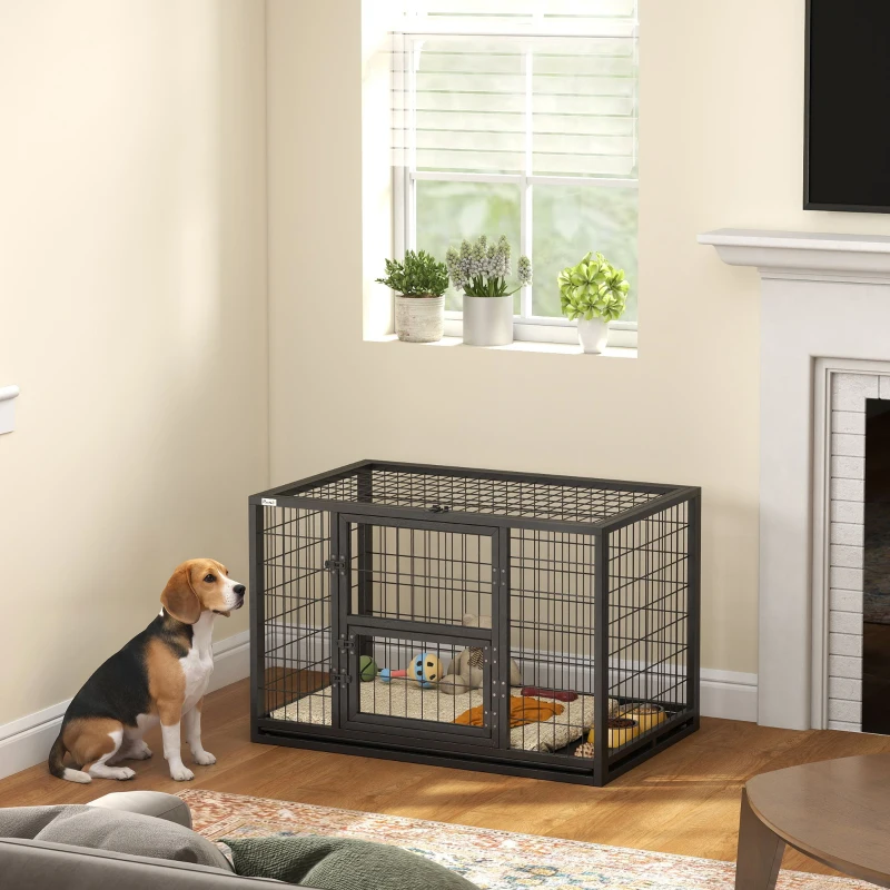 PawHut 37 Inch Heavy Duty Dog Crate, Large Metal Dog Kennel with Removable Tray, 3 Doors and Secure Lock