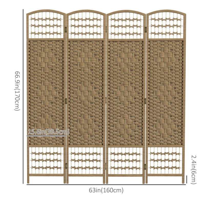 HOMCOM 4 Panel Folding Room Divider, Portable Privacy Screen, Wave Fiber Room Partition for Home Office, Natural