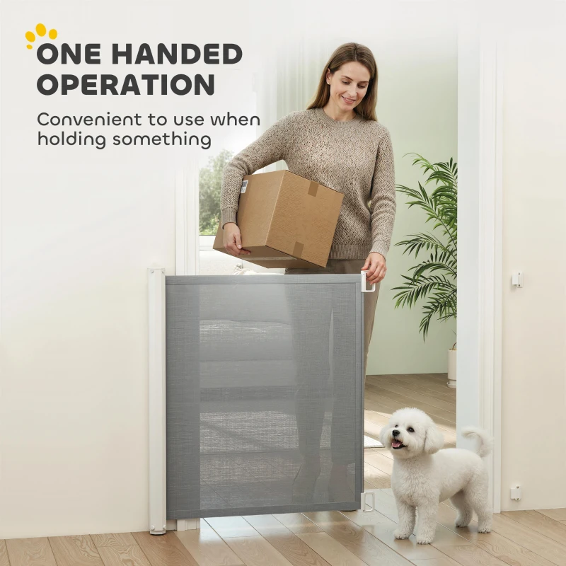 PawHut Retractable Pet Safety Barrier Gate, Flexible and Extensible for Stairways Doorways Hallways, Grey