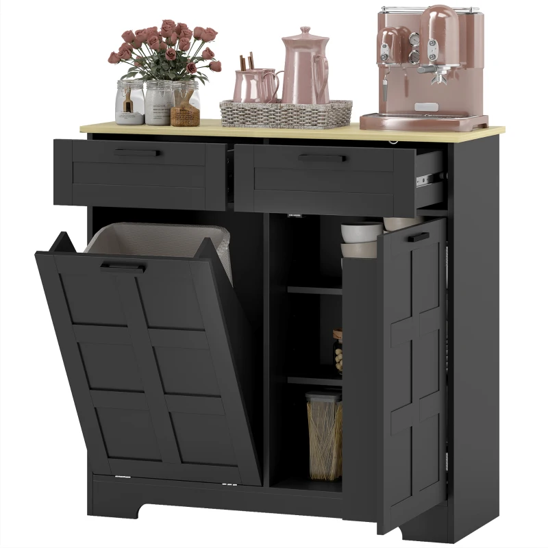 HOMCOM 13 Gallon Tilt Out Garbage Cabinet, Kitchen Island with Trash Cabinet, 2 Drawers, Door Racks, Adjustable Shelves, Black