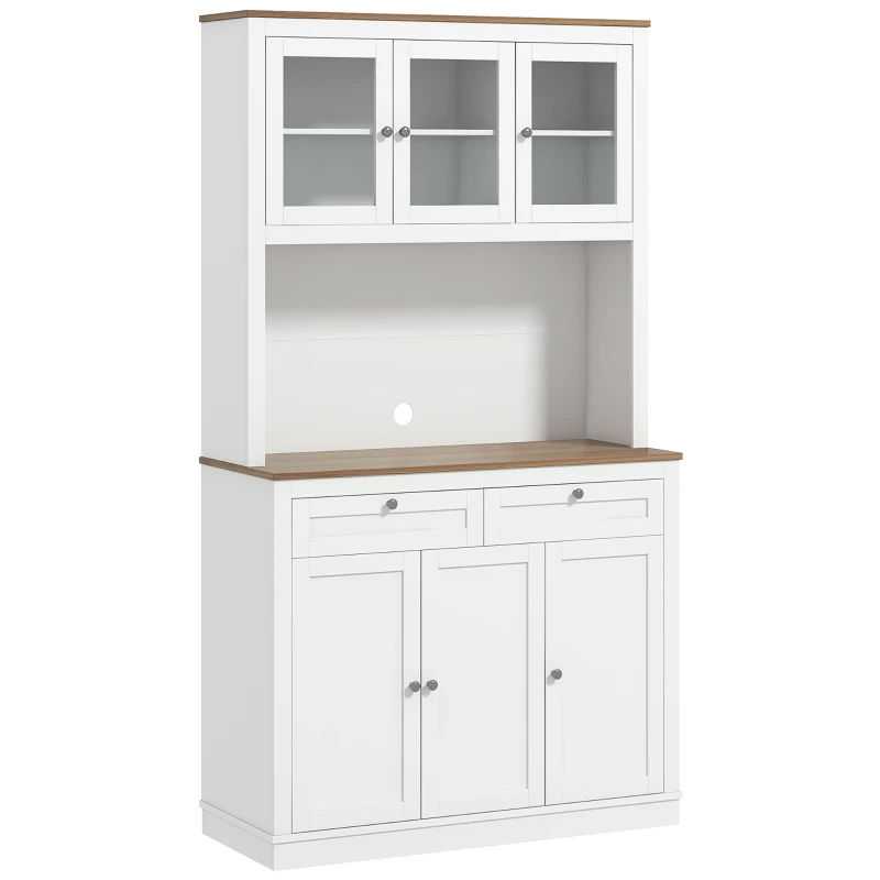 HOMCOM 71" Pantry Cabinet with Microwave Space, Buffet with Hutch, 2 Drawers, Adjustable Shelves and Glass Doors, White