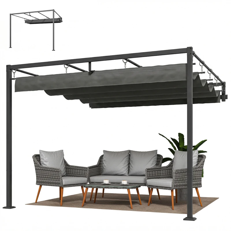 Outsunny 10' x 10' Retractable Pergola Canopy, Wall-Mounted Pergola, Outdoor Sun Shade Shelter for Garden, Balcony, Dark Grey