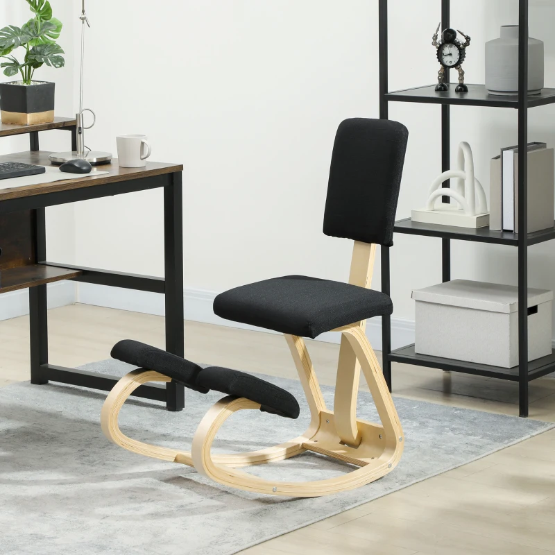 HOMCOM Ergonomic Kneeling Chair, Rocking Wood Kneel Stool with Backrest for Improve Posture, Back Pain, Black