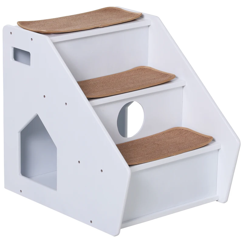 PawHut 3-Step Pet Stairs for Dogs and Cats with Built-in House and Nonslip Carpet, White